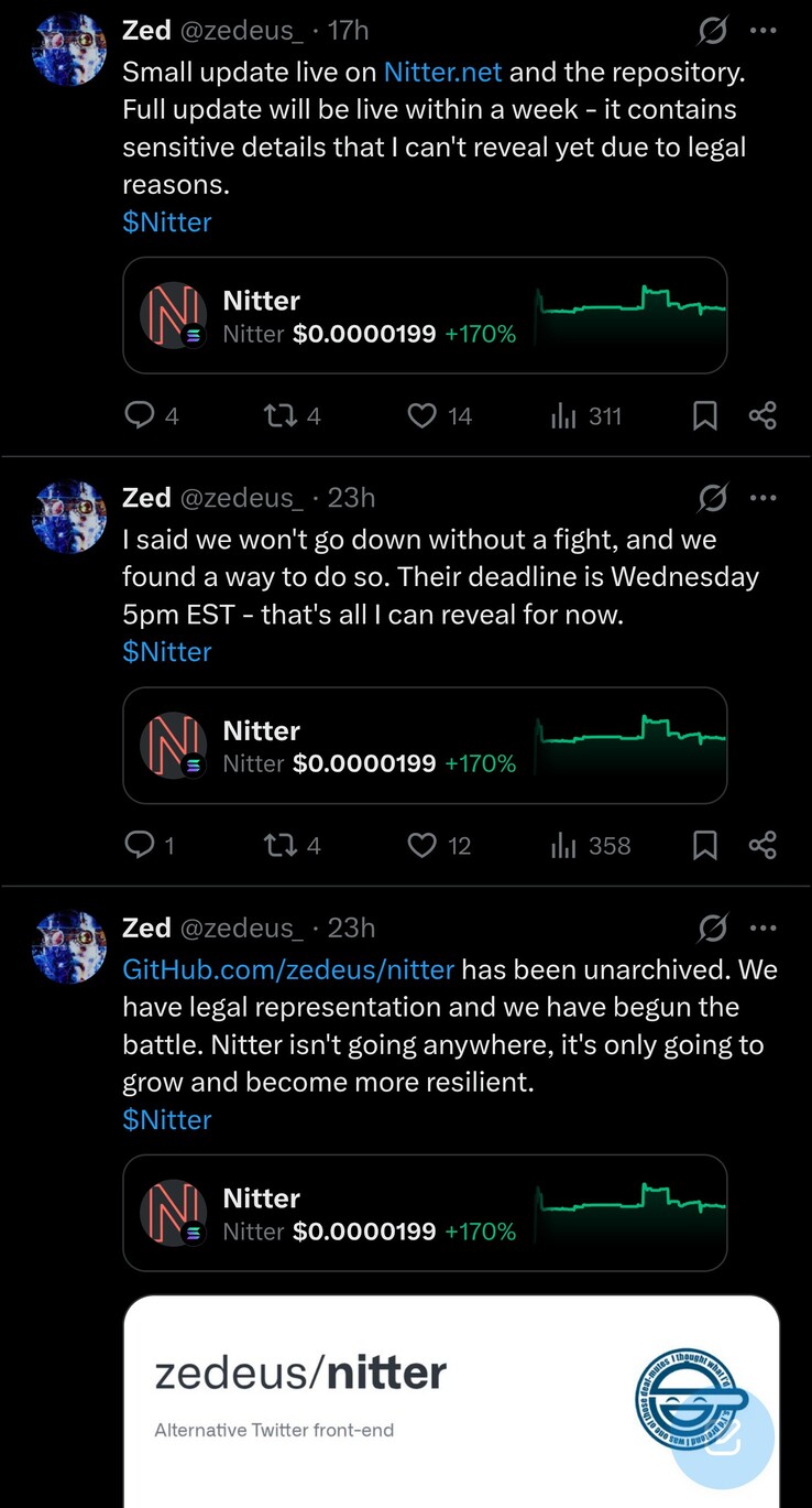 Zedeus, capo sviluppatore di Nitter, afferma di essere pronto ad affrontare la battaglia legale con X Corp e che un aggiornamento completo sarà pubblicato nel corso di questa settimana