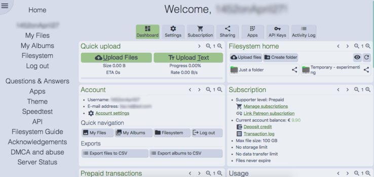 Per gli utenti che hanno effettuato l'accesso, la pagina iniziale di PixelDrain si presenta così (fonte: Notebookcheck)
