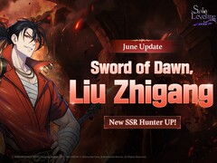 Immagine promozionale ufficiale per il banner dei personaggi di Sword of Dawn che introduce il cacciatore SSR Liu Zhigang.