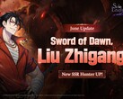 Immagine promozionale ufficiale per il banner dei personaggi di Sword of Dawn che introduce il cacciatore SSR Liu Zhigang.