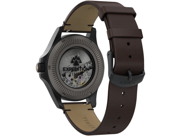 Vista posteriore del Timex Expedition Field Post Titanium, che mostra il fondello a vista, il movimento automatico e il cinturino in pelle marrone.