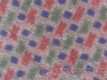 Matrice di subpixel dell'inchiostro E. Le dimensioni maggiori dei subpixel verdi e rossi consentono di rappresentare questi due colori in modo più completo rispetto al giallo e al blu