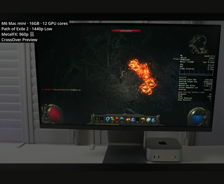 Path of Exile 2 in esecuzione su un Mac mini M6 da 16 GB tramite CrossOver a 1440p con impostazioni basse.