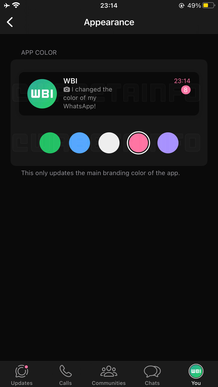 La personalizzazione del colore del tema dell'app è stata avvistata su WhatsApp beta (fonte: WABetaInfo)