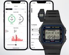 Orologio digitale Casio F-B100W raffigurato davanti a due schermi di smartphone su cui è visualizzata l’app Life Log collegata, con i dati relativi al monitoraggio dei passi e dell’attività fisica.