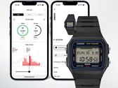 Orologio digitale Casio F-B100W raffigurato davanti a due schermi di smartphone su cui è visualizzata l’app Life Log collegata, con i dati relativi al monitoraggio dei passi e dell’attività fisica.