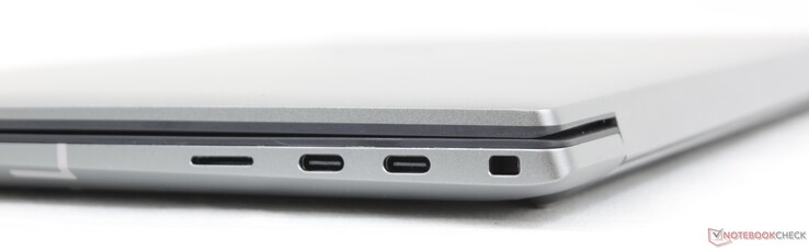 A destra: Lettore MicroSD, 2x USB-C con Thunderbolt 4 + DisplayPort + Power Delivery, chiusura a cuneo