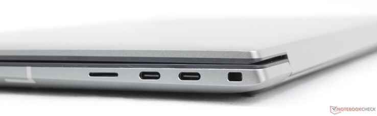 A destra: Lettore MicroSD (opzionale), 2x USB-C con Thunderbolt 4 + DisplayPort + Power Delivery, blocco a cuneo