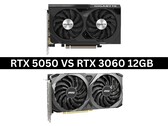 Immagine affiancata delle schede grafiche Nvidia GeForce RTX 5050 e RTX 3060 12 GB (Fonte immagine): Immagini dei prodotti tramite Gigabyte e MSI. Composito creato da Anmol Dubey tramite Notebookcheck).