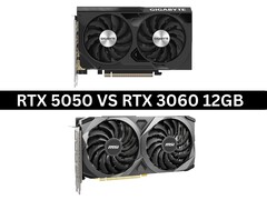 Immagine affiancata delle schede grafiche Nvidia GeForce RTX 5050 e RTX 3060 12 GB (Fonte immagine): Immagini dei prodotti tramite Gigabyte e MSI. Composito creato da Anmol Dubey tramite Notebookcheck).