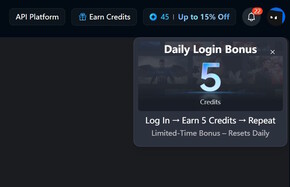 5 crediti per il login giornaliero (fonte immagine: Screenshot su Vidu.com)