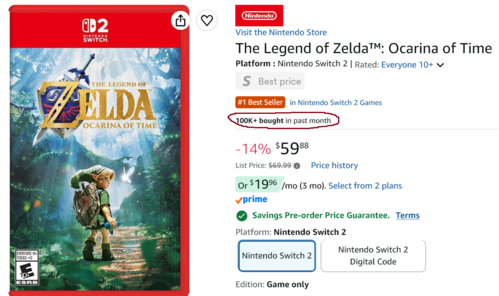 Mostrate l'inserzione Amazon e le vendite di Zelda: Ocarina of Time