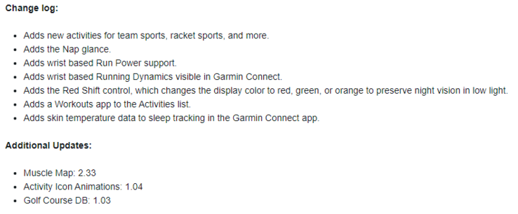 Il registro delle modifiche per Garmin Public Beta 8.23. (Fonte: Garmin)
