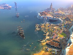 Un'immagine che mostra edifici e navi in Humankind, ora con uno sconto del 90%.
