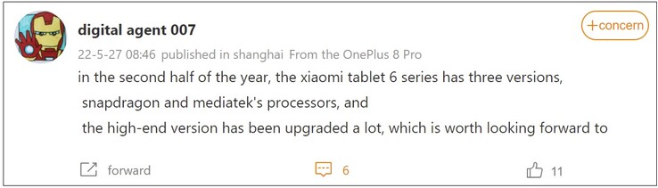Xiaomi Pad 6 commento. (Weibo - traduzione automatica)