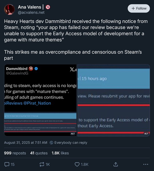Ana Valens Bluesky ha pubblicato un post sull'accesso anticipato ai giochi per adulti di Steam (fonte: screenshot, account Ana Valens Bluesky)