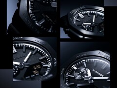 Collage di immagini in primo piano che mettono in risalto la trama del quadrante, gli indici orari e la lunetta del Casio G-Shock GM-2100LXB.