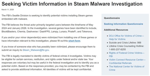 Avviso dell'FBI sull'indagine sul malware di Steam