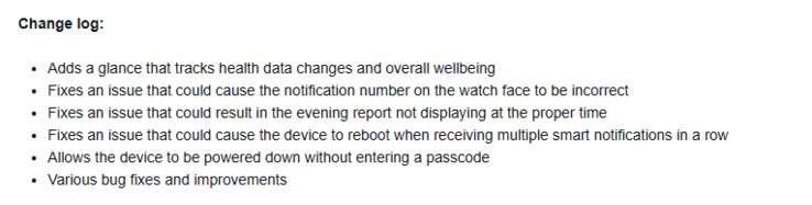 Il registro delle modifiche della versione beta 15.10 per il Garmin vivoactive 6. (Fonte: Garmin)