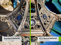 Il confronto tra i materiali standard e quelli neurali mostra che Nvidia può ridurre notevolmente le esigenze di VRAM per i giochi. (Fonte dell'immagine: Nvidia, modificata)