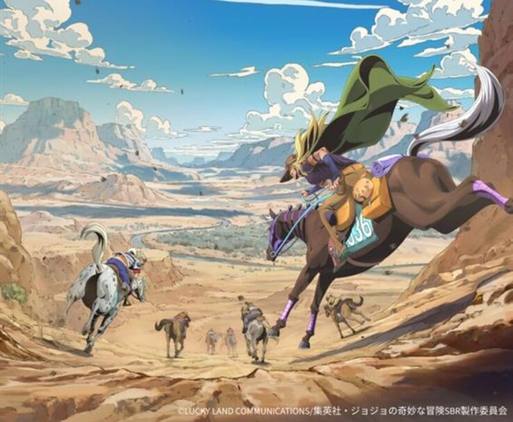 Immagine chiave ufficiale dell'anime Steel Ball Run di Netflix con Gyro Zeppeli e Johnny Joestar che corrono nel deserto americano. (Fonte immagine: Lucky Land Communications / Shueisha / Warner Bros. Japan / Netflix Anime
