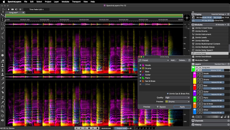 Steinberg SpectraLayers 12 può separare la musica in componenti individuali da modificare in modalità spettrografo. (Fonte: Steinberg)