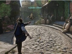 Il protagonista di Fable che prende a calci un pollo. (Fonte immagine: Xbox su YouTube, screenshot)