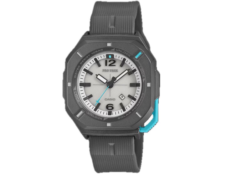 Orologio analogico Casio Pro Trek PRJ-01AE-8 con cassa grigia, quadrante bianco, dettagli turchesi e cinturino nero