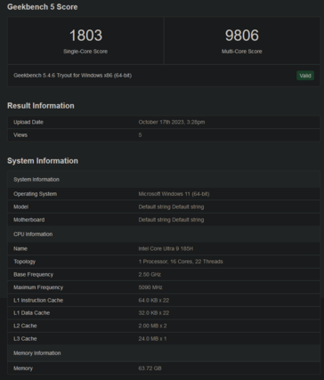 Elenco Geekbench Core Ultra 9 185H (immagine via Geekbench)