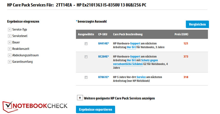 Il sito CarePack Central di HP che mostra le diverse possibili opzioni di garanzia.