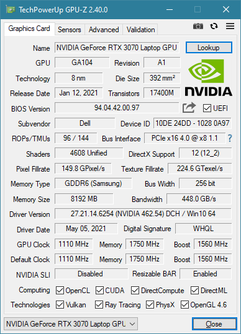 Alienware m15 R5 RTX 3070 Laptop GPU con clock inferiori, core CUDA ridotti e basso fillrate di pixel. (Fonte immagine: u/REAVER117 su Reddit)