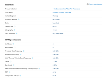 Scheda tecnica di Intel Core i3-11100B (immagine via Intel)