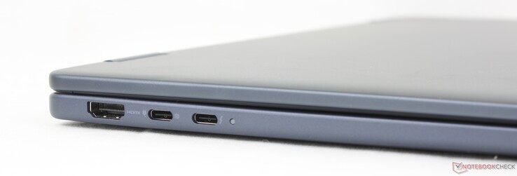 A sinistra: HDMI 2.1, USB-C 3.2 Gen. 2 con DisplayPort 1.4 + Power Delivery, USB-C Thunderbolt 4 con DisplayPort 2.1 + Power Delivery