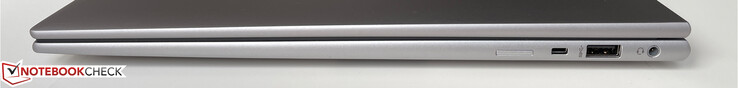 A destra: Slot per Nano SIM (opzionale sui modelli WWAN), slot di sicurezza Kensington Nano, USB-A 3.2 gen 1 (5 Gb/s, alimentato), stereo da 3,5 mm