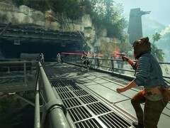 Kay Vess, il protagonista di Star Wars Outlaws, spara agli Strom Troopers. (Fonte: Nintendo)