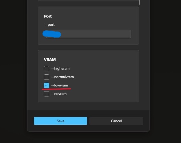 Uno screenshot del menu delle impostazioni all'interno del riquadro ComfyUI su Stability Matrix con la vram bassa evidenziata. (Fonte immagine: Cattura schermo di Windows)