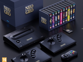 Un rendering del Neo Geo Aes+ con i suoi joystick gamepad e una collezione di videogiochi