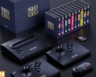 Un rendering del Neo Geo Aes+ con i suoi joystick gamepad e una collezione di videogiochi