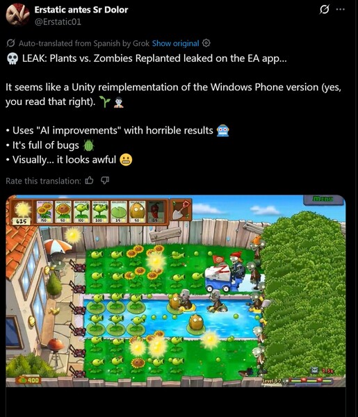 Schermata della versione trapelata di Plants vs. Zombies Replanted (Fonte immagine: screenshot, account Erstatic antes Sr Dolor X)