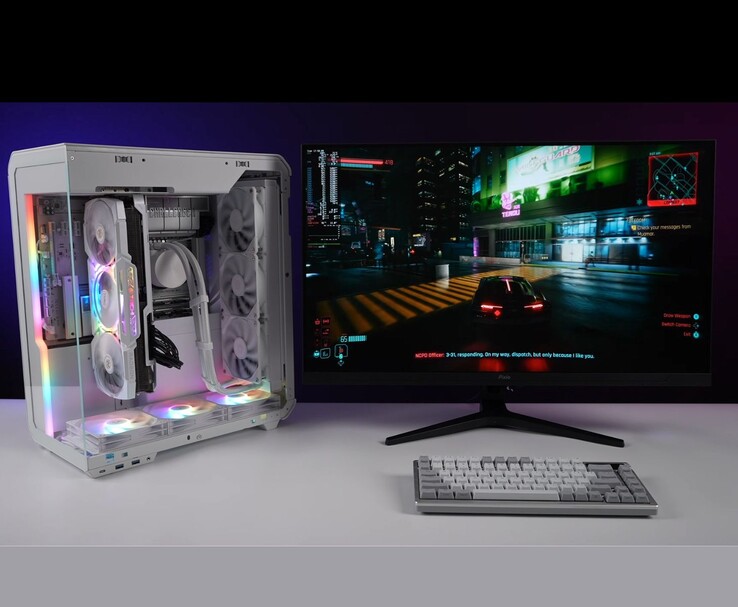 PC desktop da gioco interamente AMD che esegue Cyberpunk 2077 su un monitor 4K. (Fonte immagine: ETA Prime via YouTube)