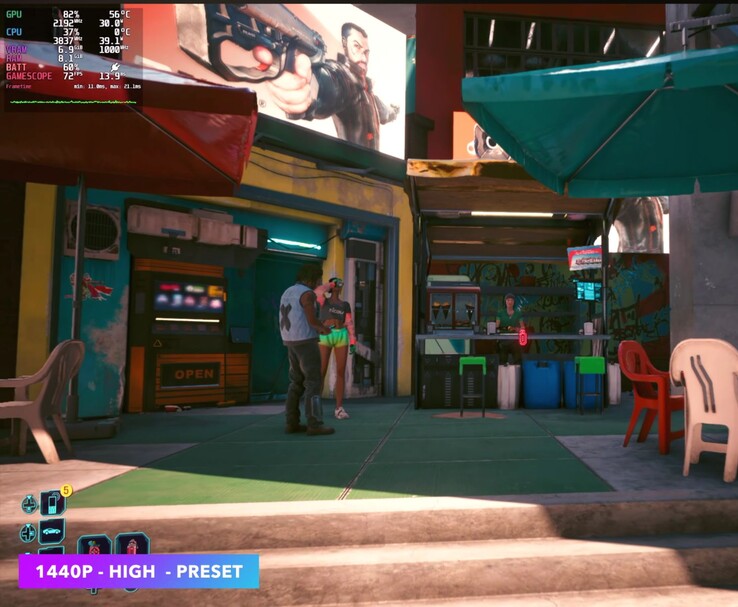 Cyberpunk 2077 in esecuzione su SteamOS a 1440p con l’impostazione “High”