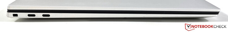 A sinistra: slot per un lucchetto di sicurezza, 2x Thunderbolt 4 (USB-C 4.0 con 40 GB/s, Power Delivery, DisplayPort)
