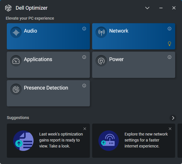 Schermata iniziale di Dell Optimizer. Si noti che Presence Detection non è disponibile sul dispositivo Latitude 7330 nonostante l'icona