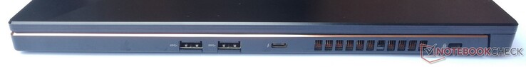 A destra: 2x USB 3.2 Gen1 Type-A, 1x Thunderbolt 3 (incl. DisplayPort 1.4, Power Delivery 3.0), Kensington lock