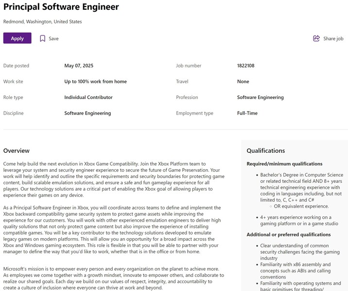 Annuncio di lavoro Microsoft per Principal Software Engineer (fonte: screenshot, Microsoft Careers)