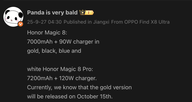 Informazioni trapelate su Magic 8. (Fonte immagine: Weibo - traduzione automatica)