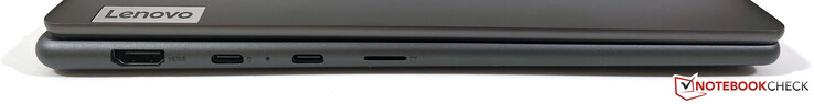 A sinistra: HDMI 2.1, USB-C 3.2 Gen 2 (10 Gbps, DisplayPort ALT Mode 1.4, Power Delivery), USB-C 4 (40 Gbps, DisplayPort ALT Mode 1.4, Power Delivery 3.0) lettore microSD