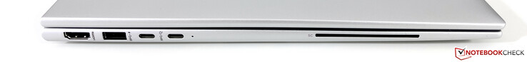 A sinistra: HDMI 2.0b, USB-A 3.2 Gen.1 (5 GBit/s) 2x USB-C 4.0 (40 GBit/s, DisplayPort modalità ALT 1.4, Power Delivery), lettore SmartCard (opzionale)