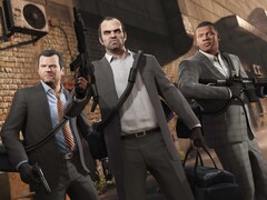 I protagonisti di Grand Theft Auto V Michael, Trevor e Franklin in una missione di rapina con armi e borse. (Fonte: Rockstar Games)