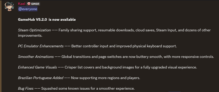 GameHub v5.2 changelog (Fonte: GameSir)